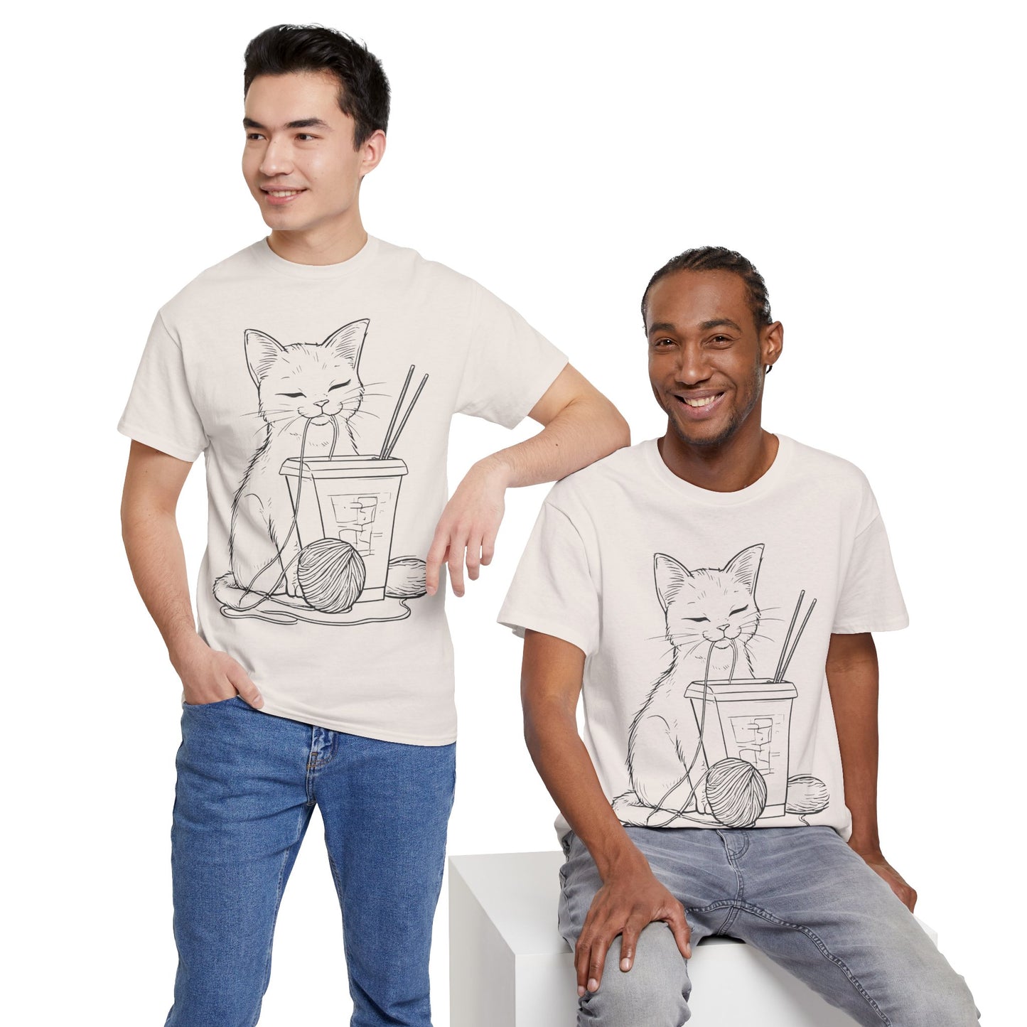 Cat w/Takeout + Yarn Ball Line Drawing Tee Shirt *Multiple Colors*