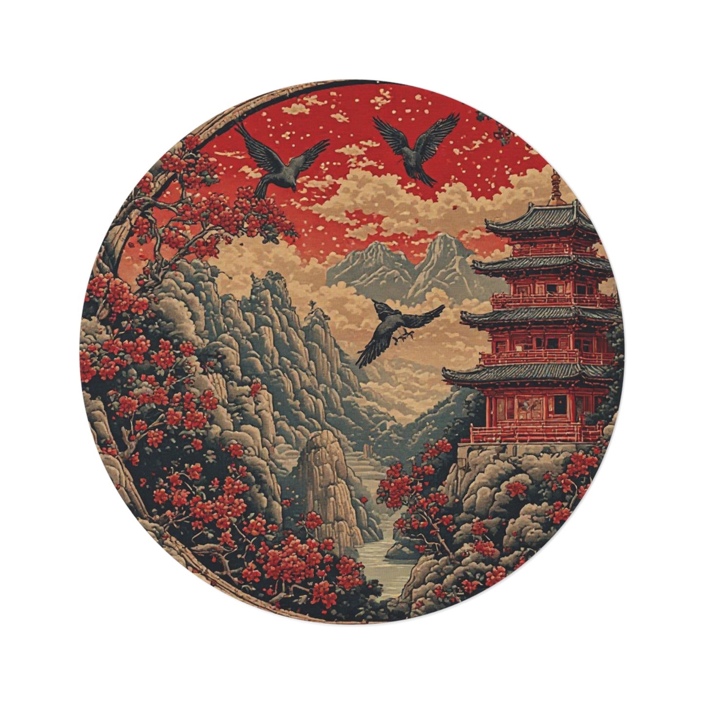 Oriental Style Rug w/Birds + Flowers - 60in Diameter Round Carpet 9