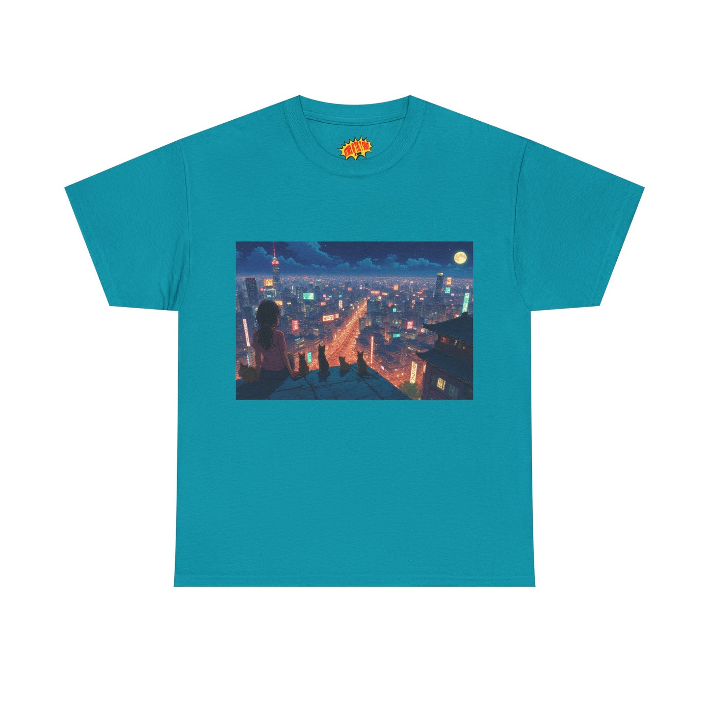 Anime Neon Cityscape Scene w/Girl & Cats T-Shirt *Multiple Colors*