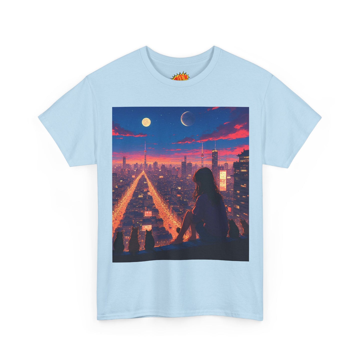 Anime City Twin Moon Scene w/Cats T-Shirt *Multiple Colors*