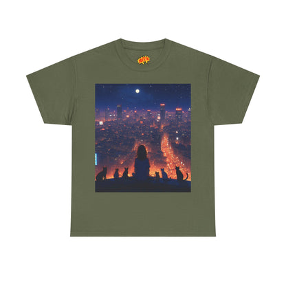 Neon City Anime Nighttime Scene w/Girl & Cats T-Shirt