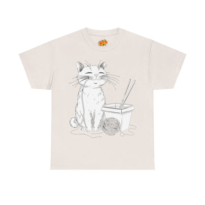 Happy Cat w/Noodles + Yarn Ball Art Drawing Tee Shirt