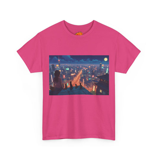 Anime Neon Cityscape Scene w/Girl & Cats T-Shirt *Multiple Colors*