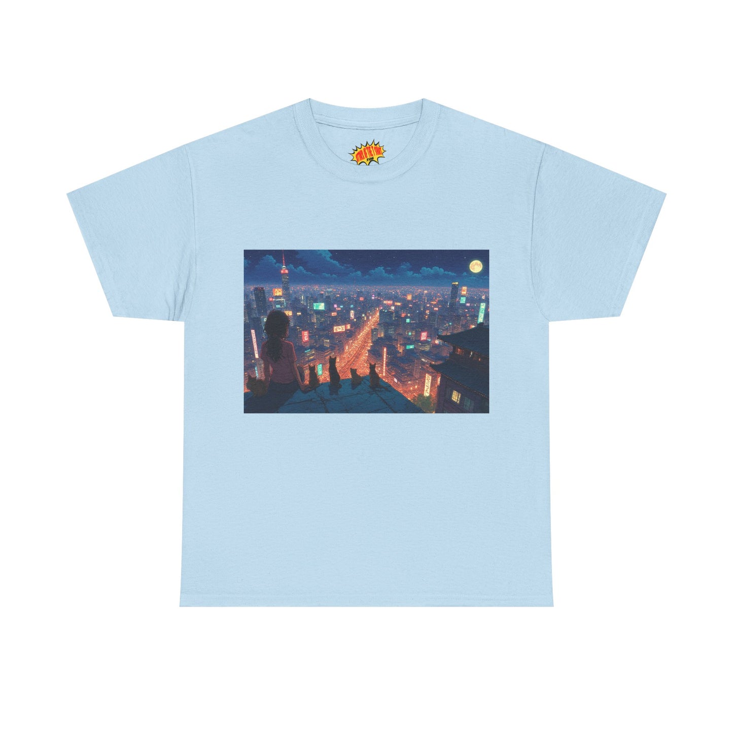 Anime Neon Cityscape Scene w/Girl & Cats T-Shirt *Multiple Colors*