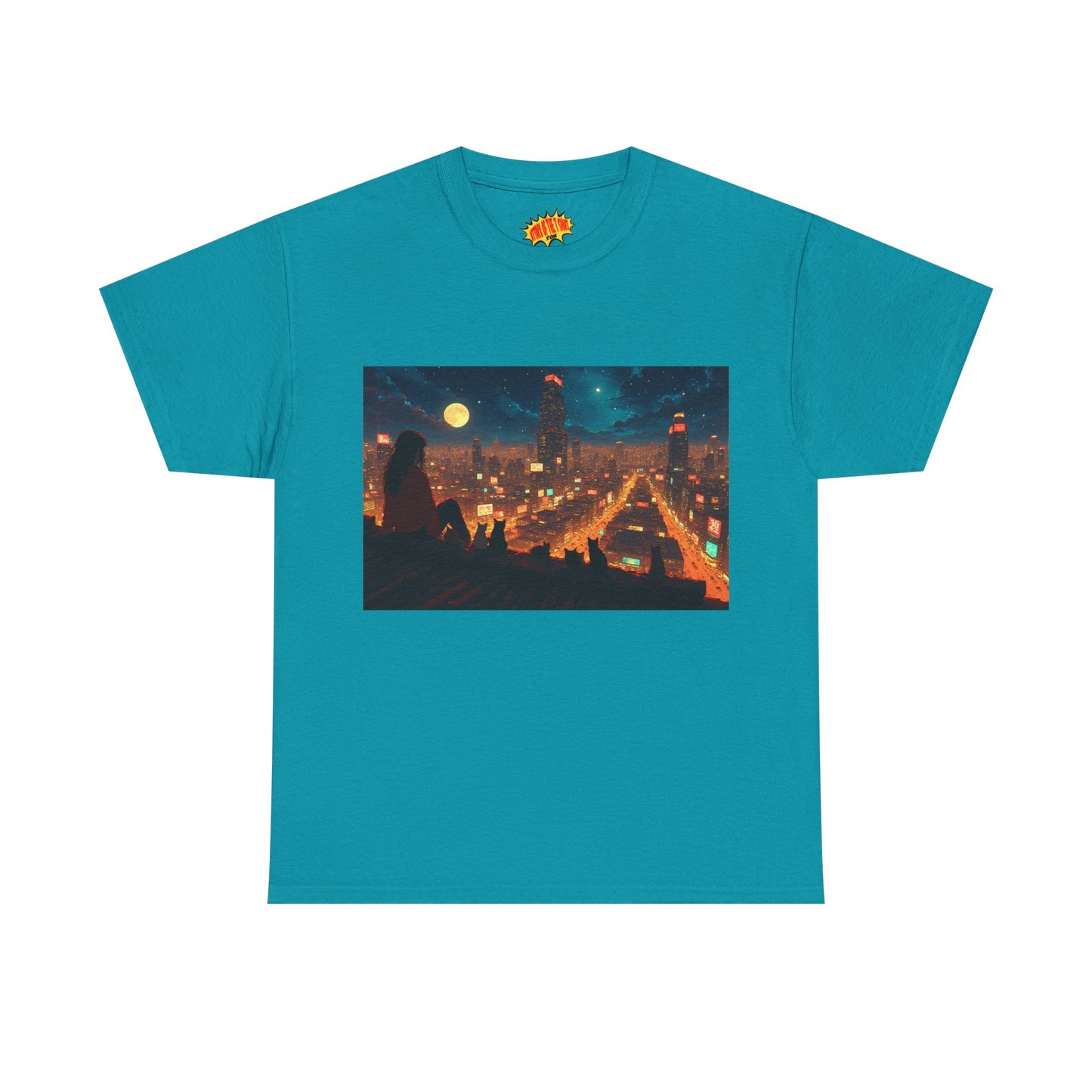 Anime Style Neon City Scene w/Girl & Cats T-Shirt *Multiple Colors*