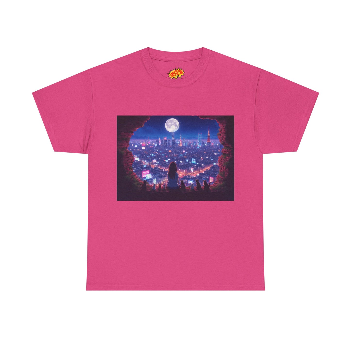 Neon Anime City Night Scene w/Girl & Cats T-Shirt *Multiple Colors*