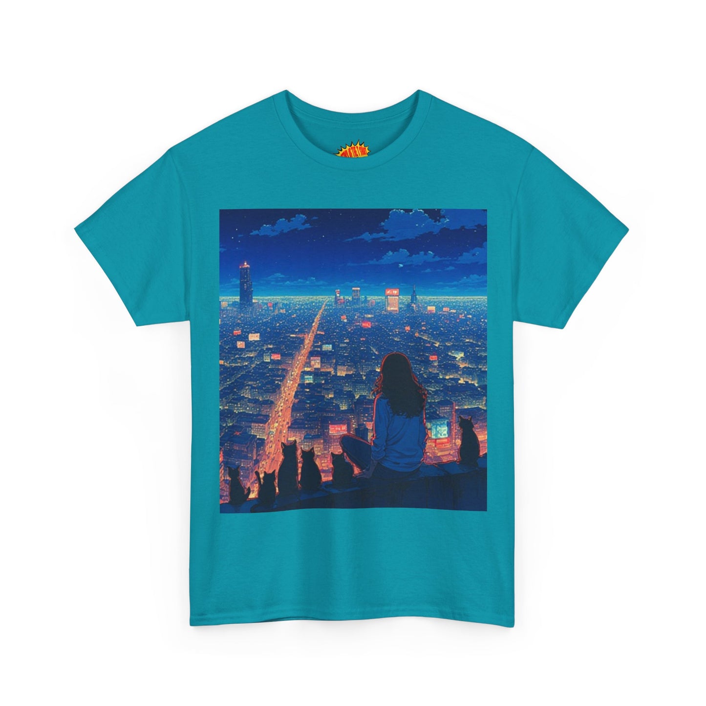 Anime Cityscape Night Sky Scene w/Girl & Cats T-Shirt *Multiple Colors*