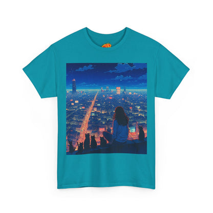 Anime Cityscape Night Sky Scene w/Girl & Cats T-Shirt