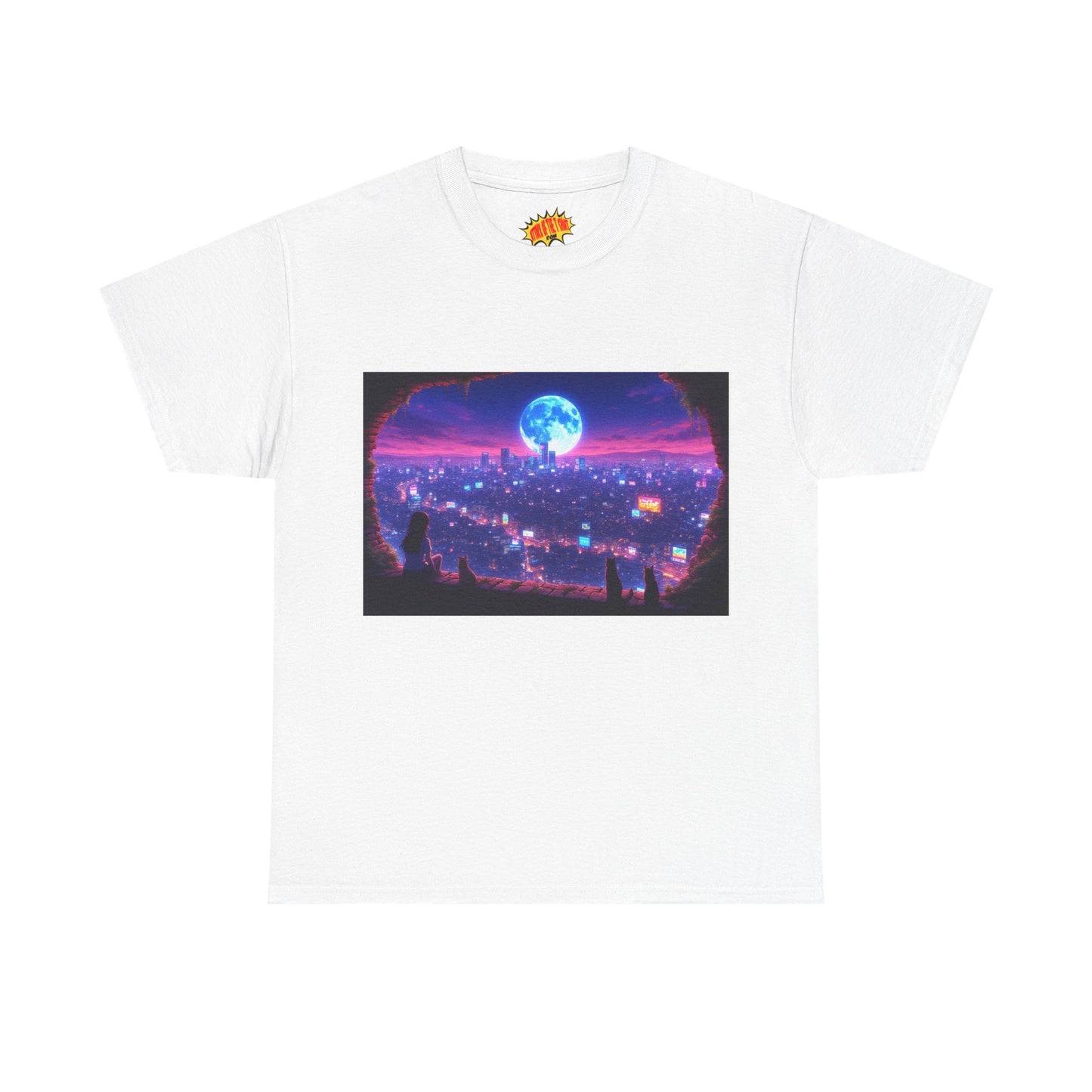 Neon Anime Cityscape Full Moon Scene w/Girl & Cats T-Shirt *Multiple Colors*