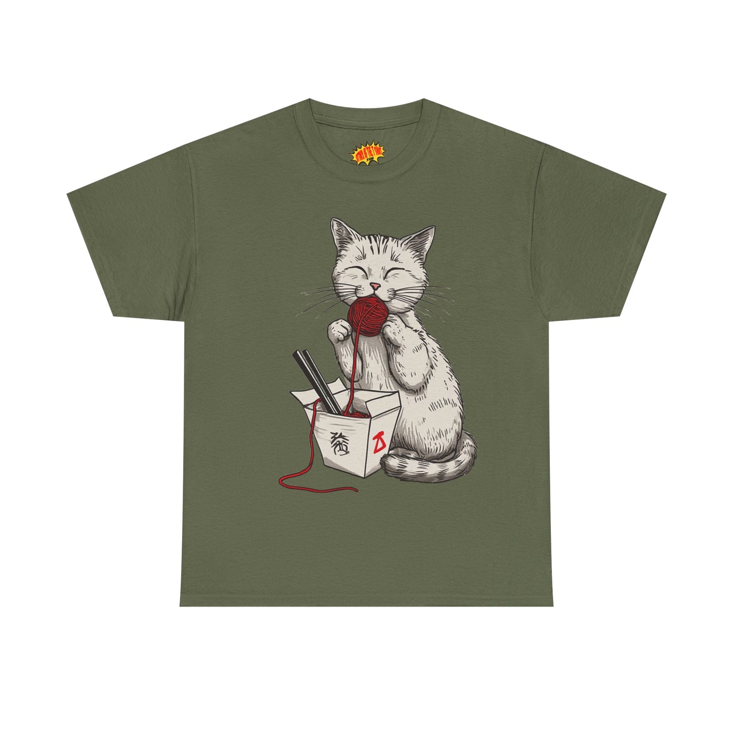 Cat w/Takeout Yarn Noodles Art Tee Shirt *Multiple Colors*