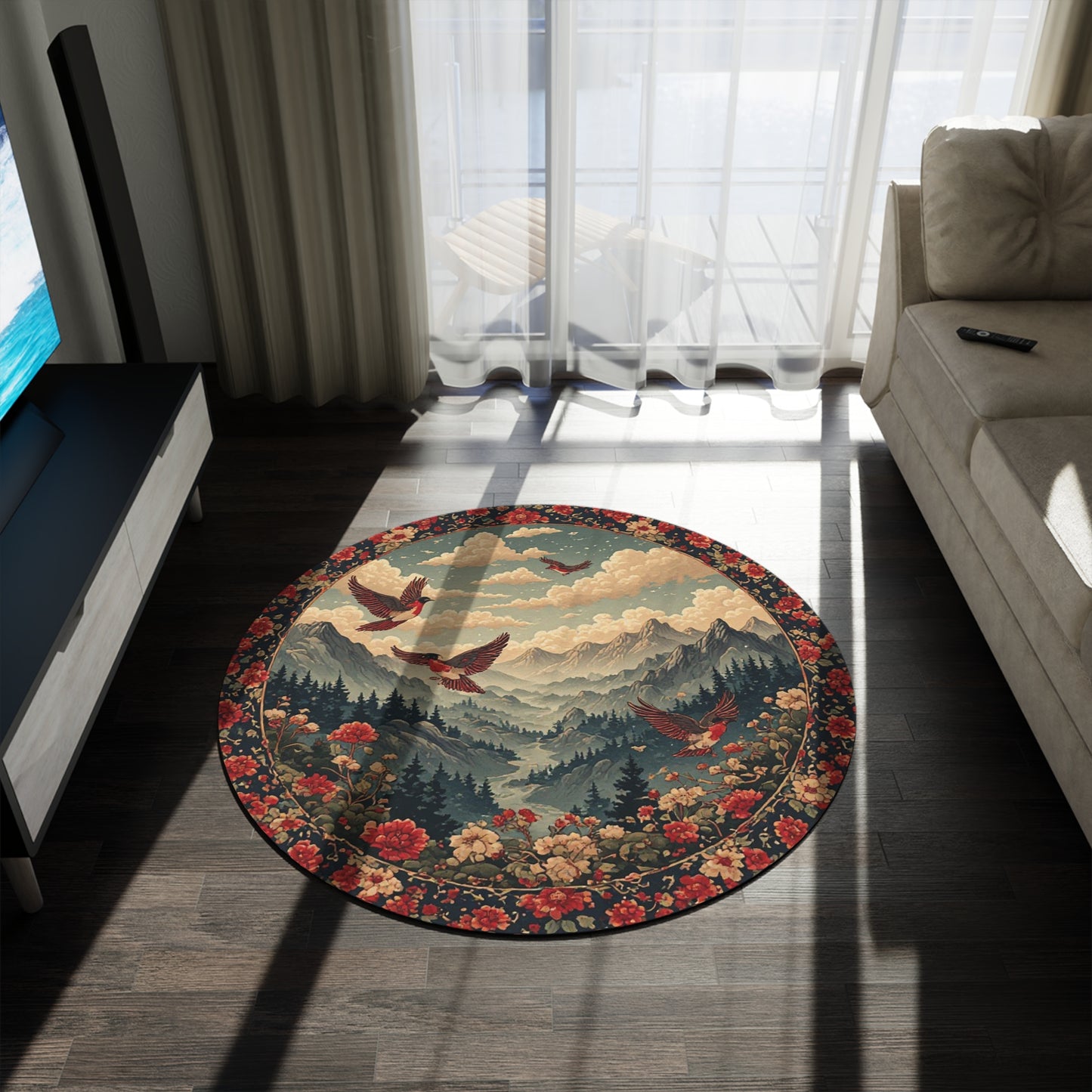 Oriental Style Rug w/Birds + Flowers - 60in Diameter Round Carpet 4