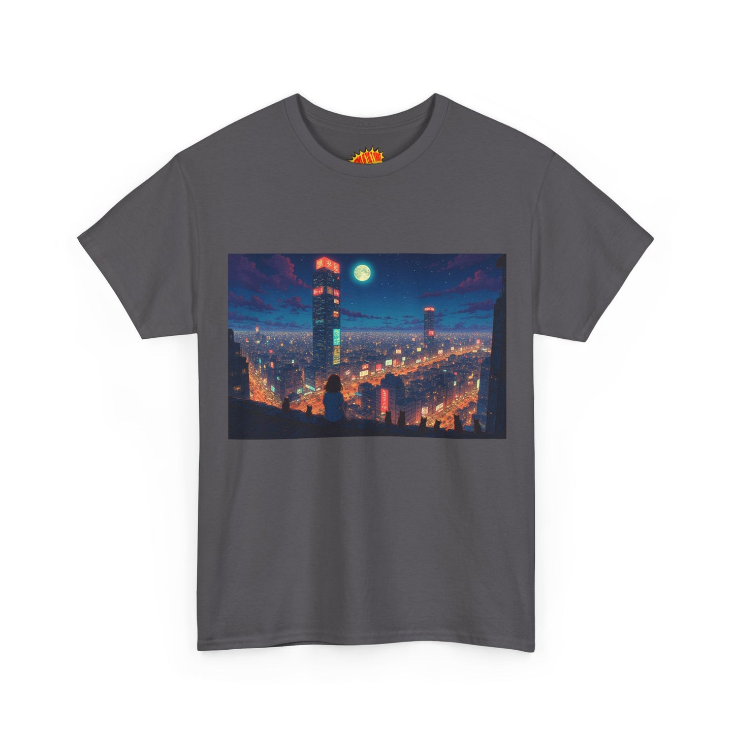 Neon Anime Style City Scene w/Girl & Cats T-Shirt *Multiple Colors*