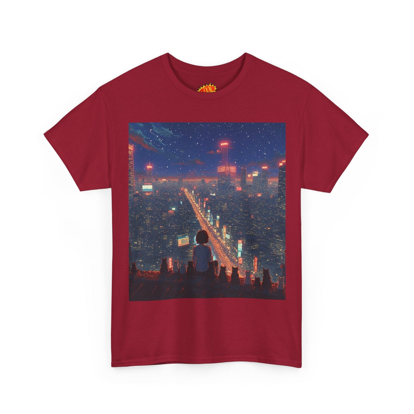 Nighttime Neon Anime City Scene w/Girl & Cats T-Shirt *Multiple Colors*