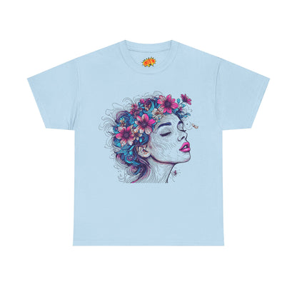 Multicolor Line Drawing Human Flower Graphic Art Tee Shirt