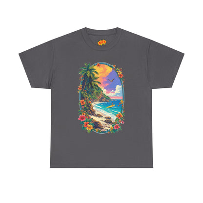 Tropical Beach Scene w/Oval Floral Frame T-Shirt