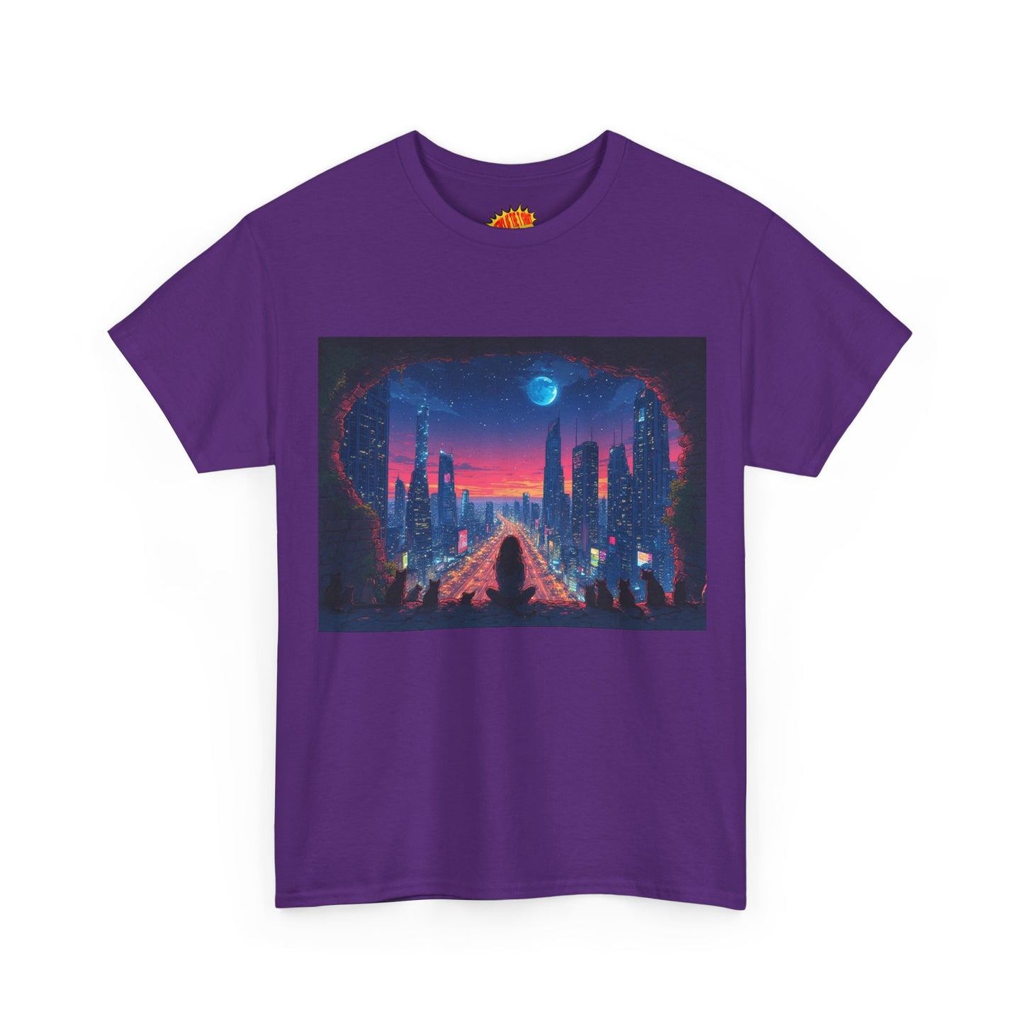 Anime Neon Cityscape Full Moon w/Girl & Cats T-Shirt *Multiple Colors*