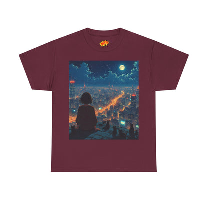 Neon City Anime Night Scene w/Girl & Cats T-Shirt