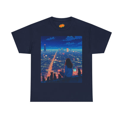 Anime Cityscape Night Sky Scene w/Girl & Cats T-Shirt