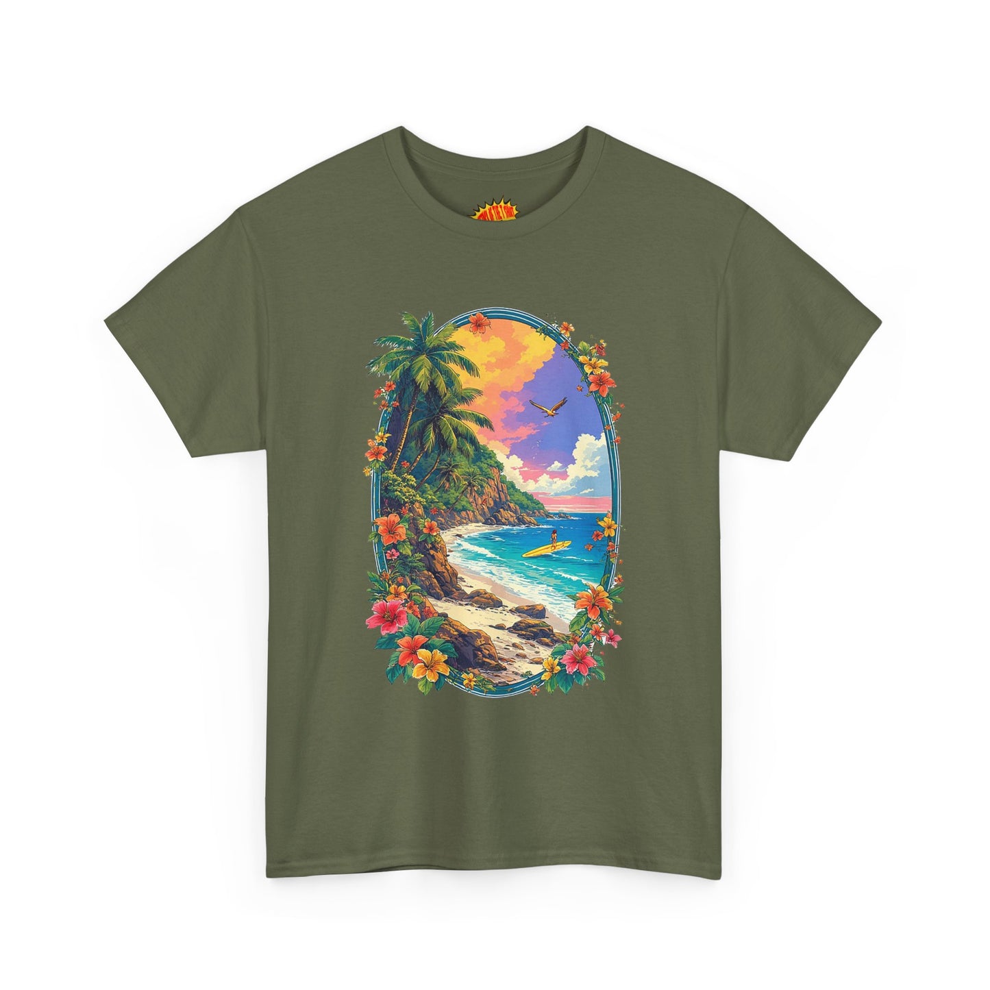 Tropical Beach Scene w/Oval Floral Frame T-Shirt *Multiple Colors*