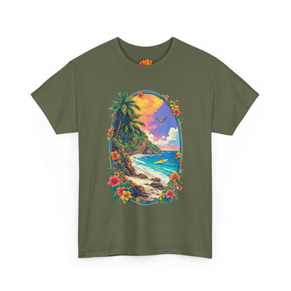 Tropical Beach Scene w/Oval Floral Frame T-Shirt