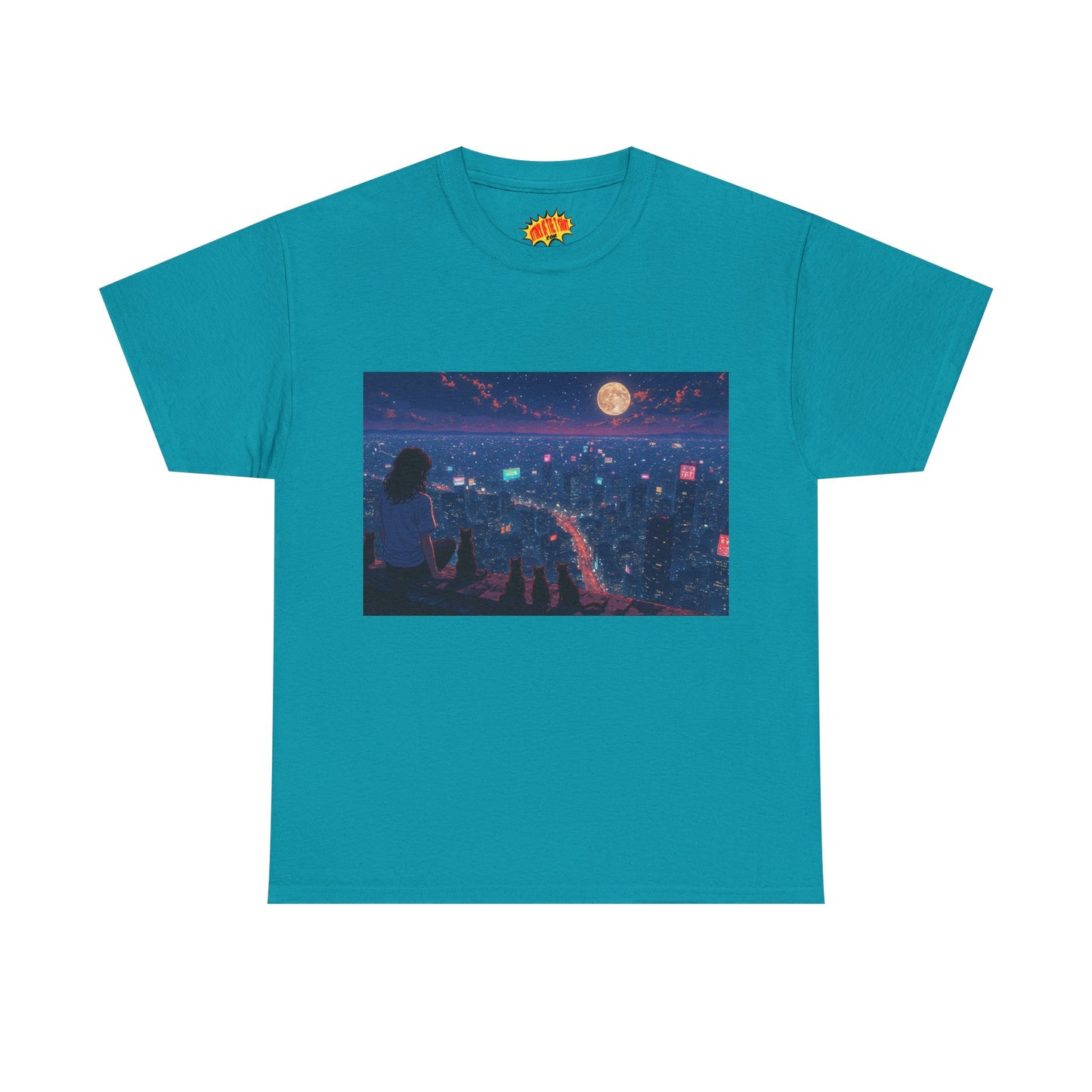 Anime Nighttime Cityscape w/Girl & Cats T-Shirt *Multiple Colors*