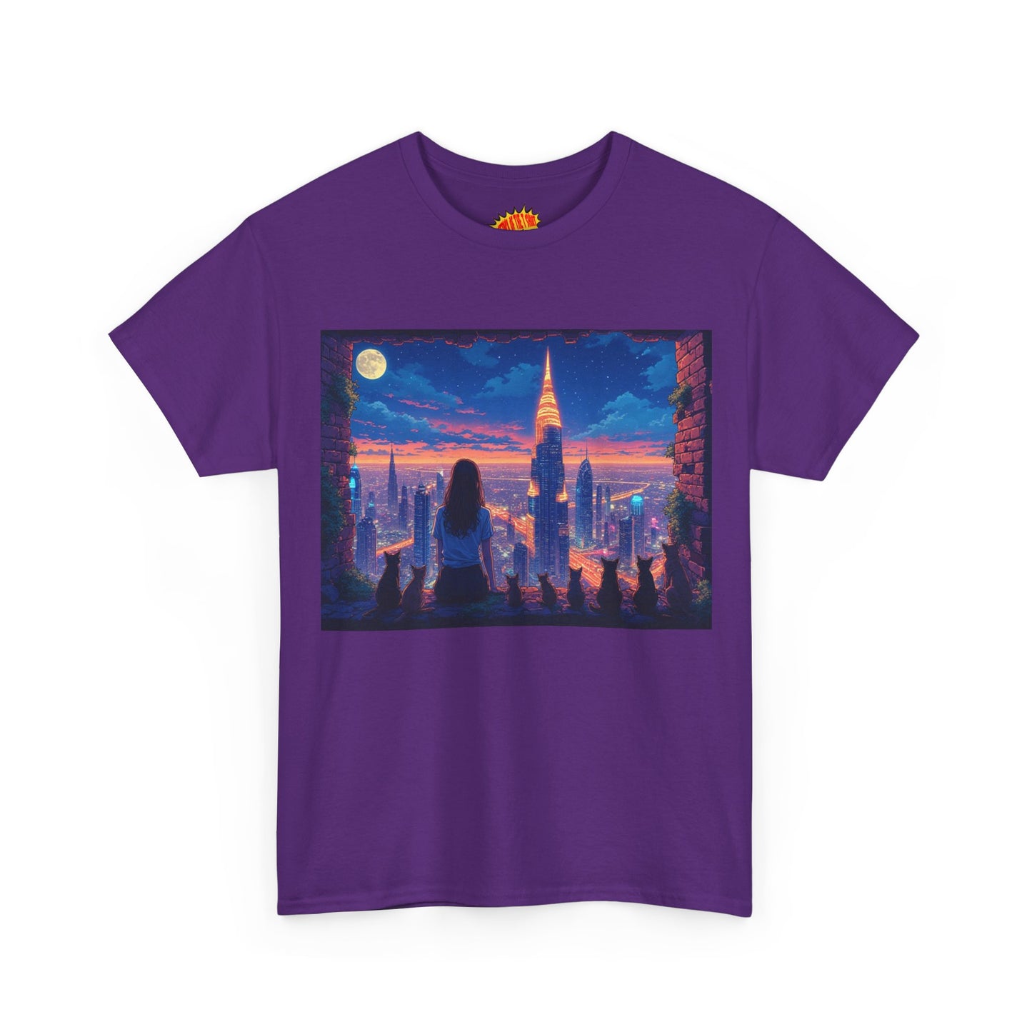 Anime Neon City Full Moon Scene w/Girl & Cats T-Shirt *Multiple Colors*