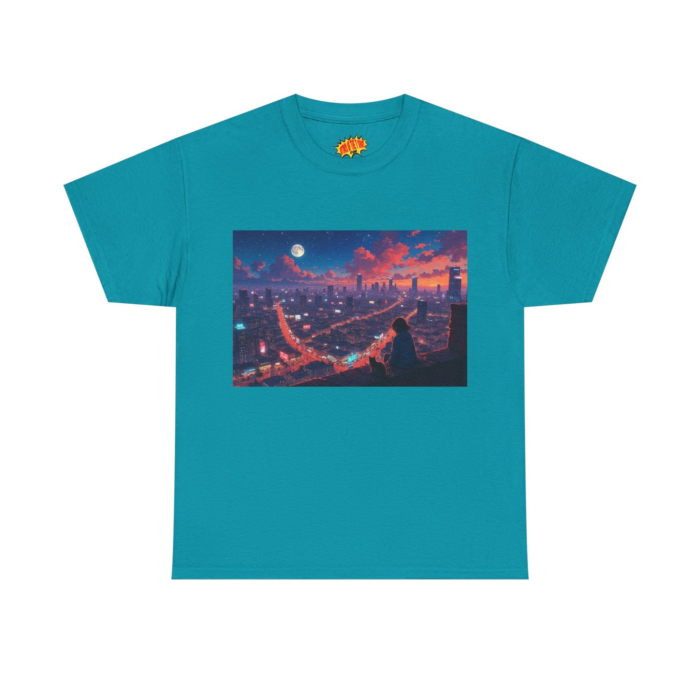 Anime City Neon Night Sky Scene w/Girl & Cats T-Shirt *Multiple Colors*