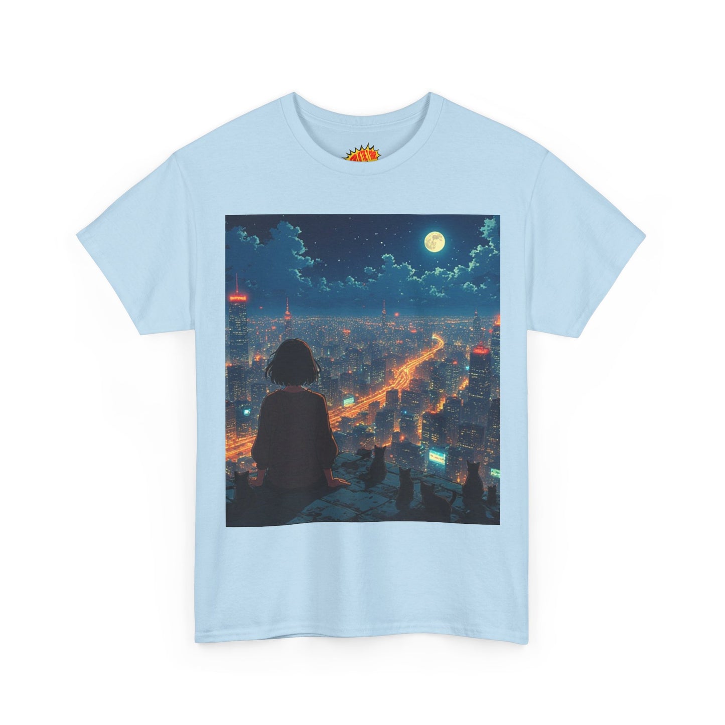 Neon City Anime Night Scene w/Girl & Cats T-Shirt *Multiple Colors*