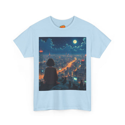 Neon City Anime Night Scene w/Girl & Cats T-Shirt