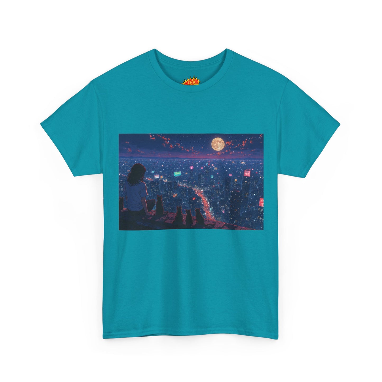 Anime Nighttime Cityscape w/Girl & Cats T-Shirt *Multiple Colors*