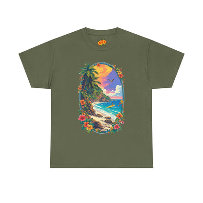 Tropical Beach Scene w/Oval Floral Frame T-Shirt