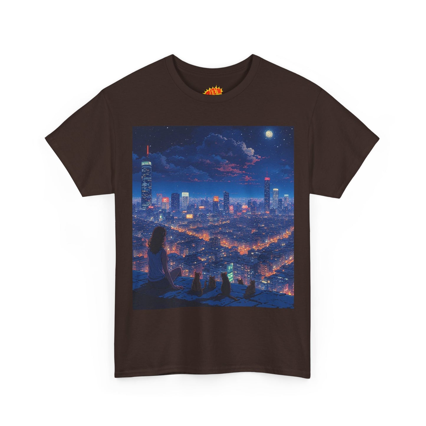 Neon Anime Cityscape Scene w/Girl & Cats T-Shirt *Multiple Colors*