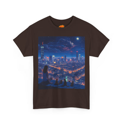Neon Anime Cityscape Scene w/Girl & Cats T-Shirt