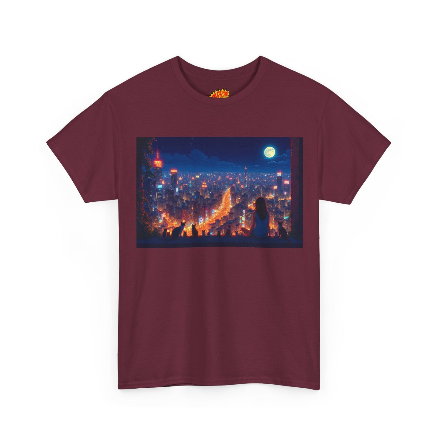 Anime City Night Scene w/Girl & Cats T-Shirt *Multiple Colors*