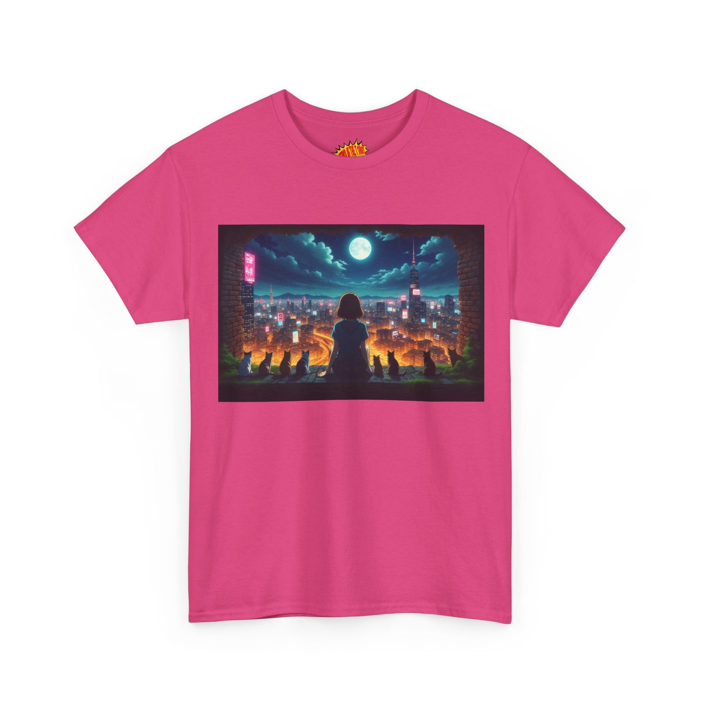 Anime Neon City Night Scene w/Girl & Cats T-Shirt *Multiple Colors*