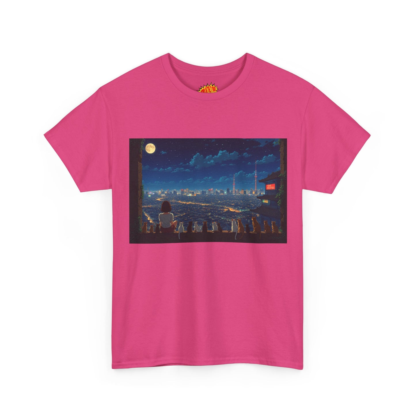 Anime City Night Sky Scene w/Girl & Cats T-Shirt *Multiple Colors*