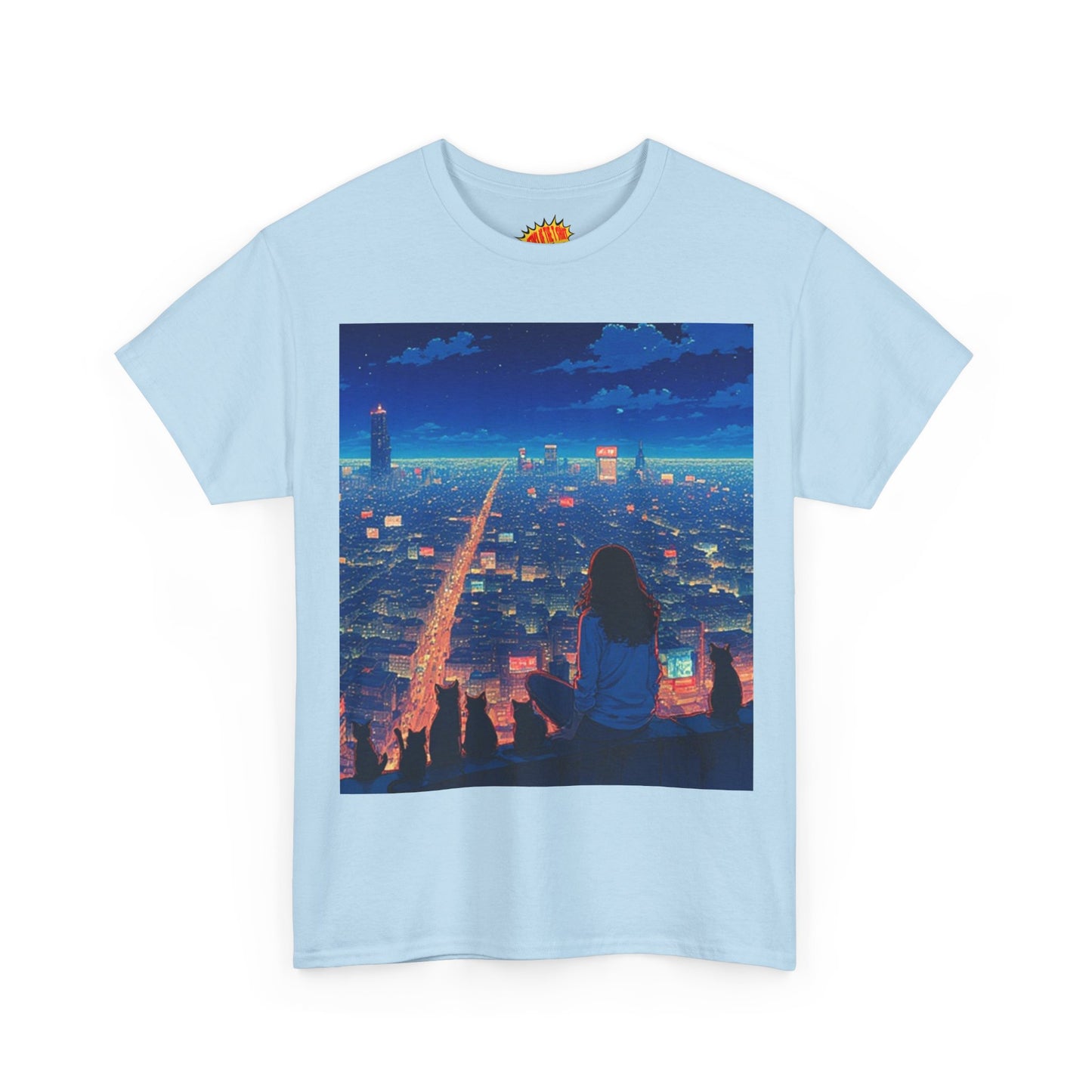 Anime Cityscape Night Sky Scene w/Girl & Cats T-Shirt *Multiple Colors*