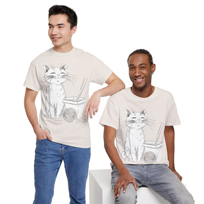Happy Cat w/Noodles + Yarn Ball Art Drawing Tee Shirt