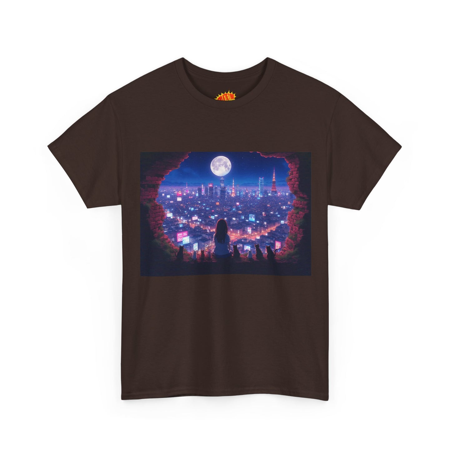 Neon Anime City Night Scene w/Girl & Cats T-Shirt *Multiple Colors*