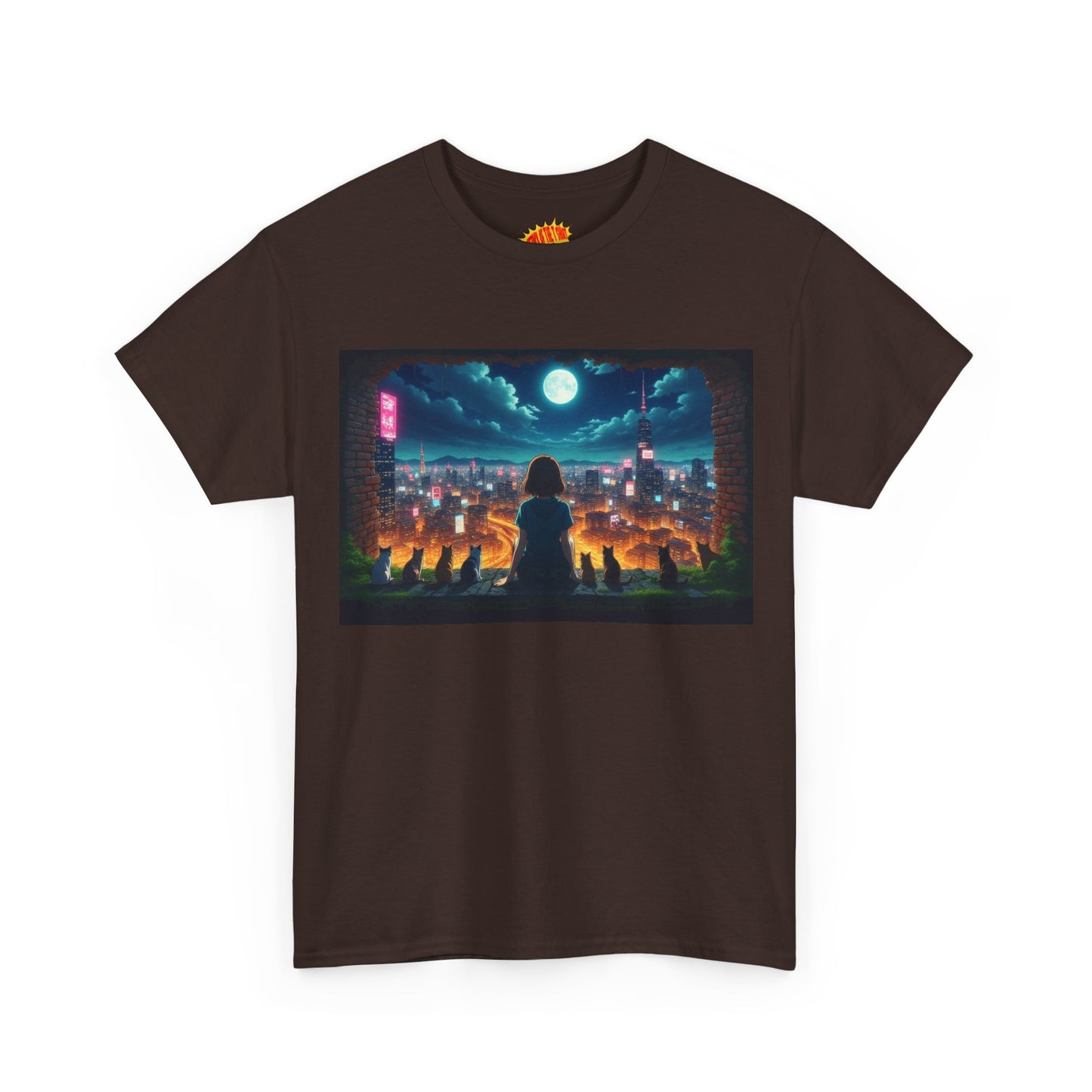 Anime Neon City Night Scene w/Girl & Cats T-Shirt *Multiple Colors*