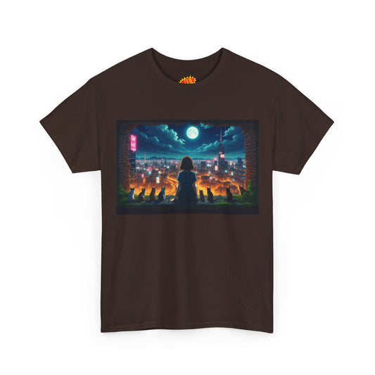 Anime Neon City Night Scene w/Girl & Cats T-Shirt *Multiple Colors*