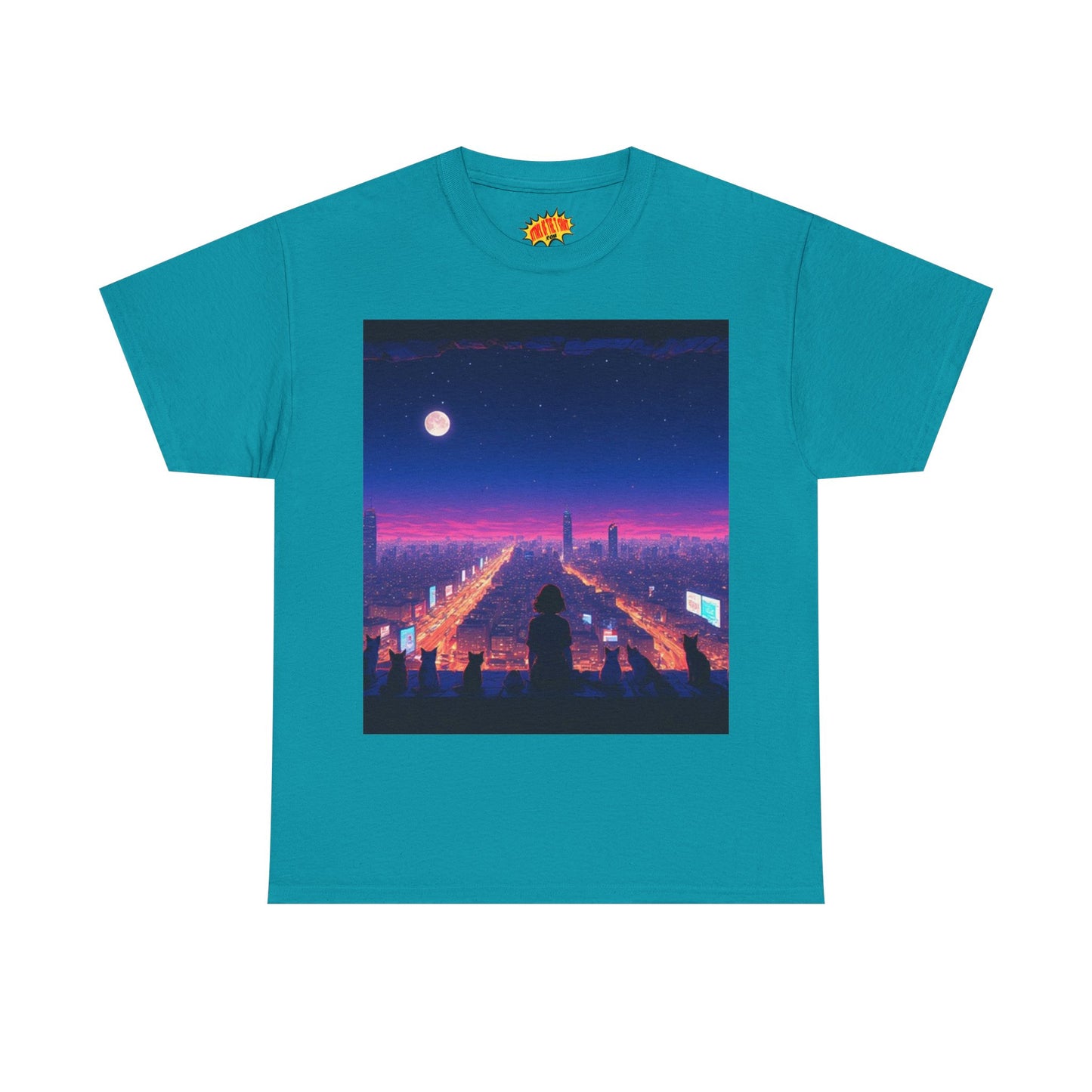 Anime City Full Moon Scene w/Girl & Cats T-Shirt *Multiple Colors*