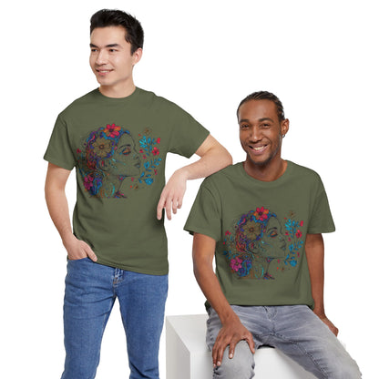 Multicolor Line Drawing Human Graphic Flower Art Tee Shirt