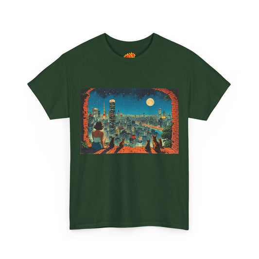 Vintage Anime Style City Night Scene w/Girl & Cats T-Shirt *Multiple Colors*