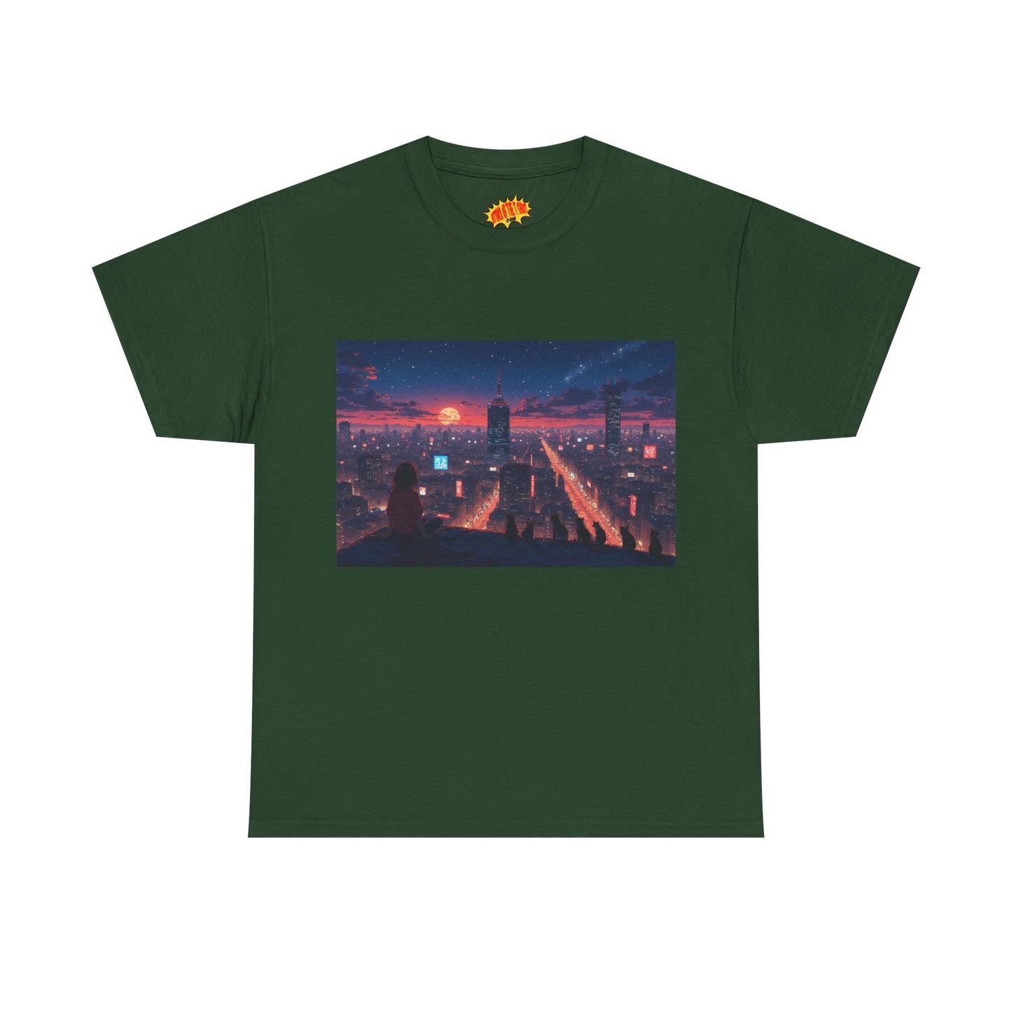 Anime Style City Sunset Scene w/Girl & Cats T-Shirt *Multiple Colors*