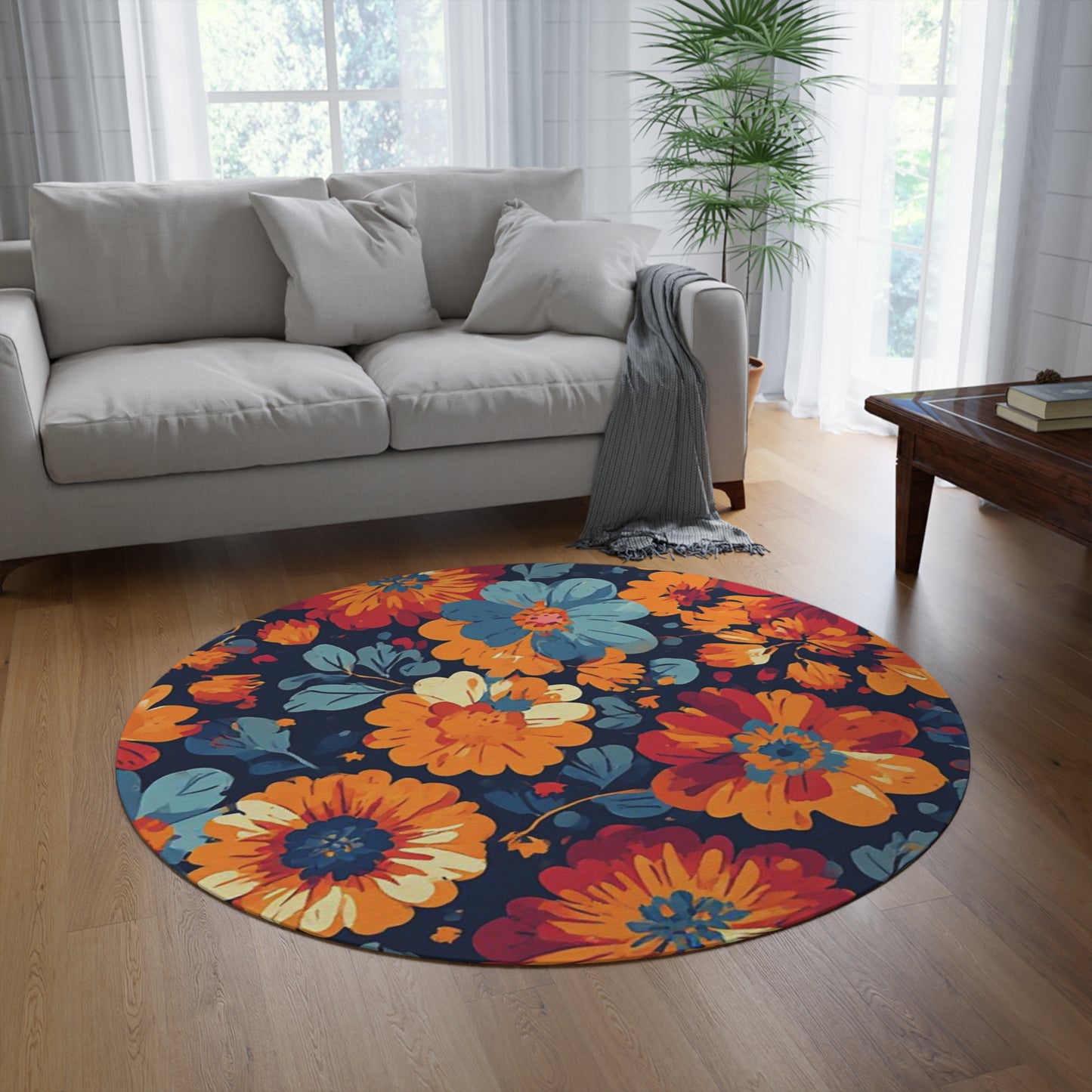 Retro Flower Pattern 60's/70's Style Area Rug - 60in Diameter Round Rug 4
