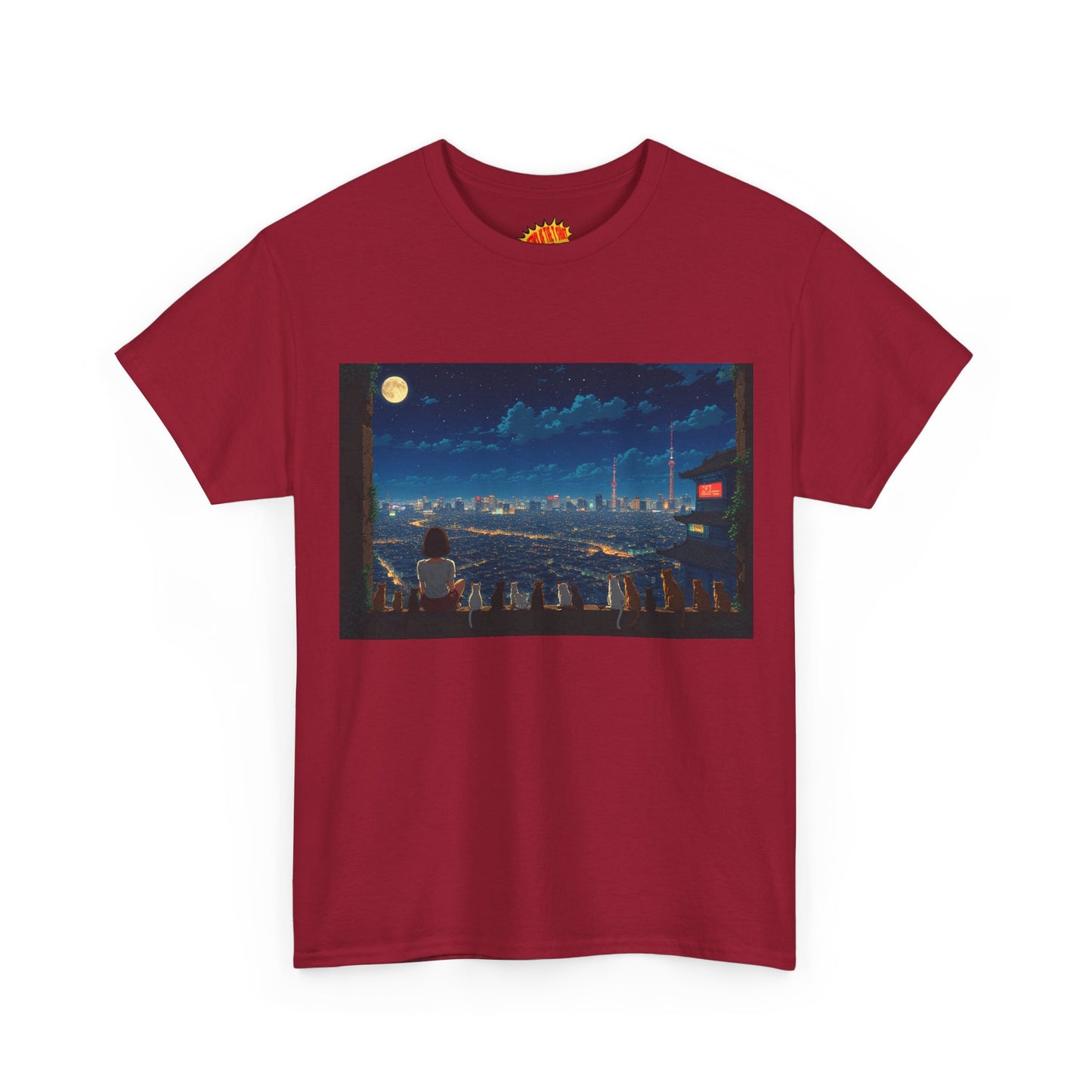 Anime City Night Sky Scene w/Girl & Cats T-Shirt *Multiple Colors*