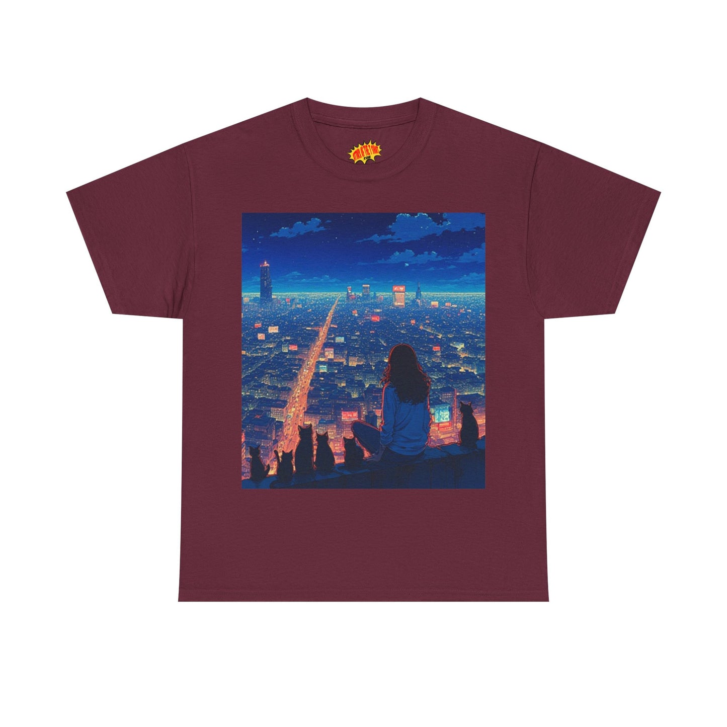 Anime Cityscape Night Sky Scene w/Girl & Cats T-Shirt *Multiple Colors*