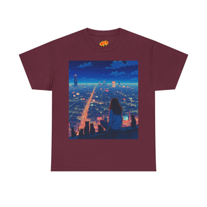 Anime Cityscape Night Sky Scene w/Girl & Cats T-Shirt