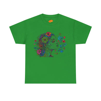 Multicolor Line Drawing Human Graphic Flower Art Tee Shirt